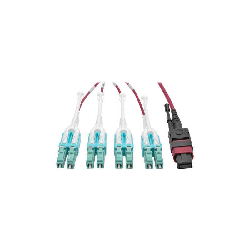 Tripp Lite MTP/MPO to 8xLC Fan-Out Patch Cable, 40 GbE, 40GBASE-SR4, OM4 Plenum-Rated, Push/Pull Tab, Magenta, 1M